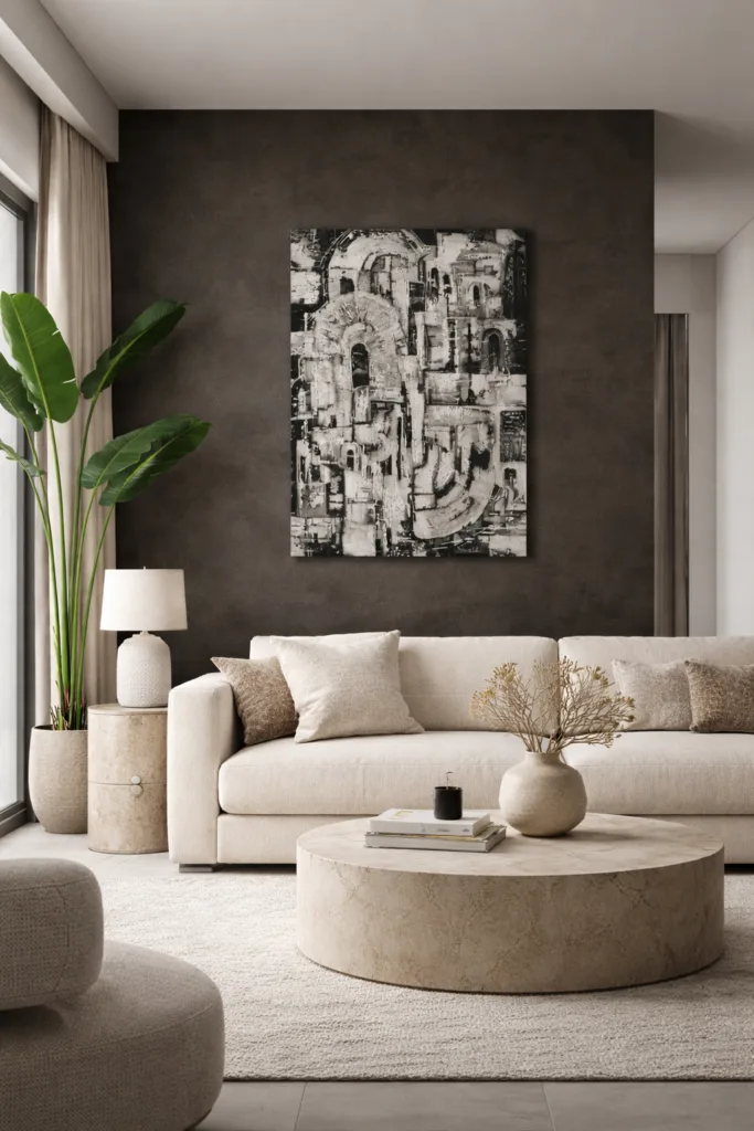 Obra abstracta personalizada integrada en proyecto de interiorismo contemporáneo
