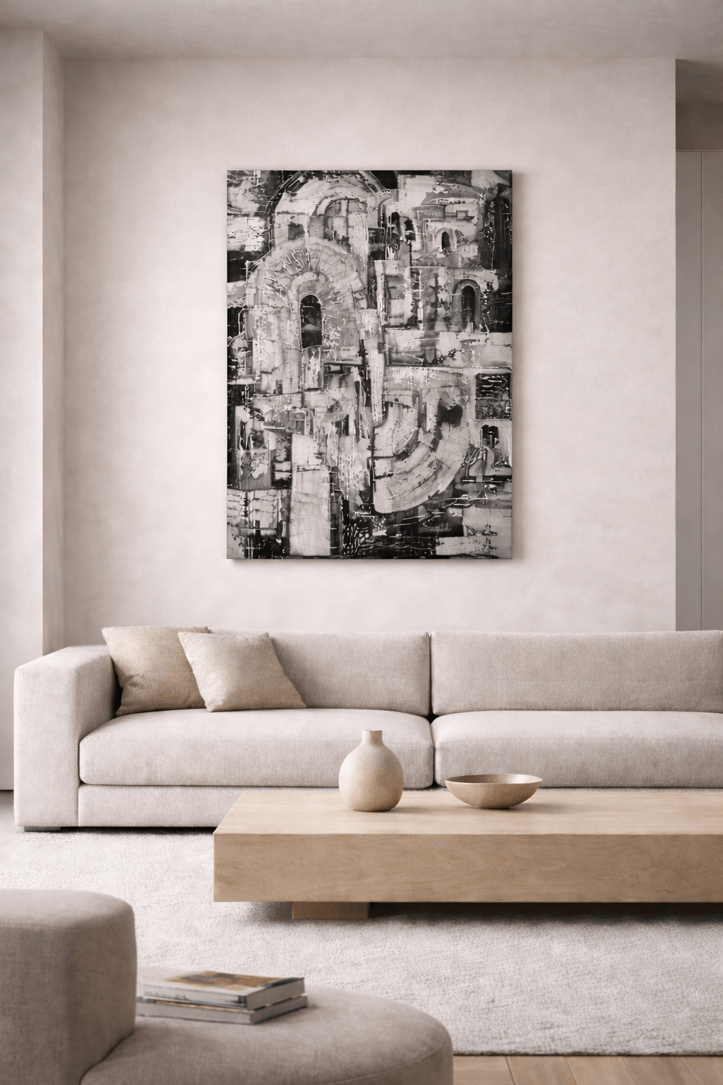 Obra abstracta personalizada en blanco y negro integrada en interiorismo contemporáneo