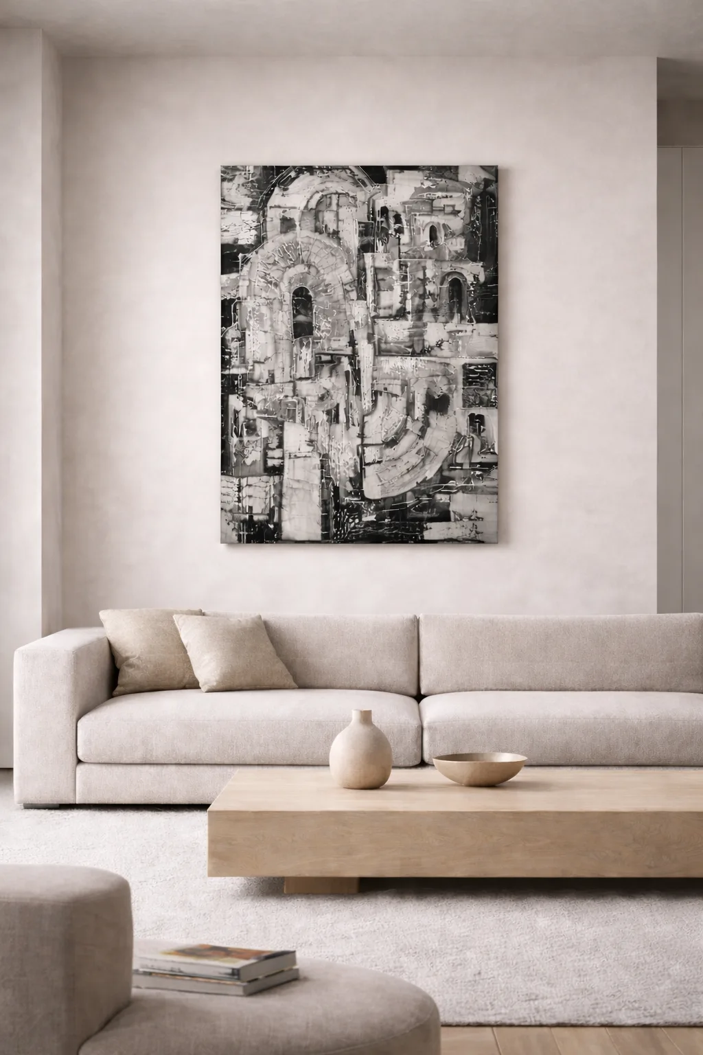 Obra abstracta personalizada en blanco y negro integrada en interiorismo contemporáneo