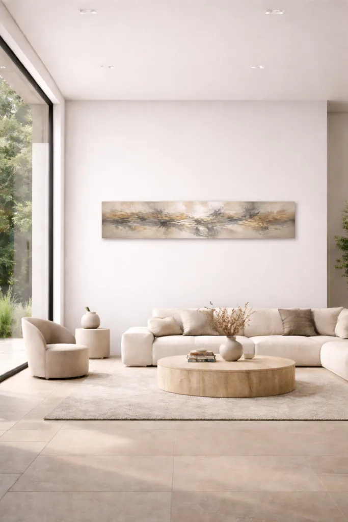 Obra de arte abstracta horizontal integrada en un espacio de estilo minimalista