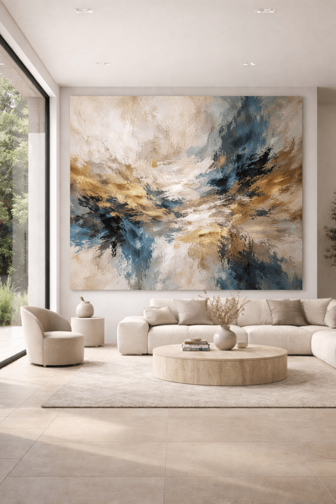 Obra de arte abstracto de grandes dimensiones integrada en un salón minimalista