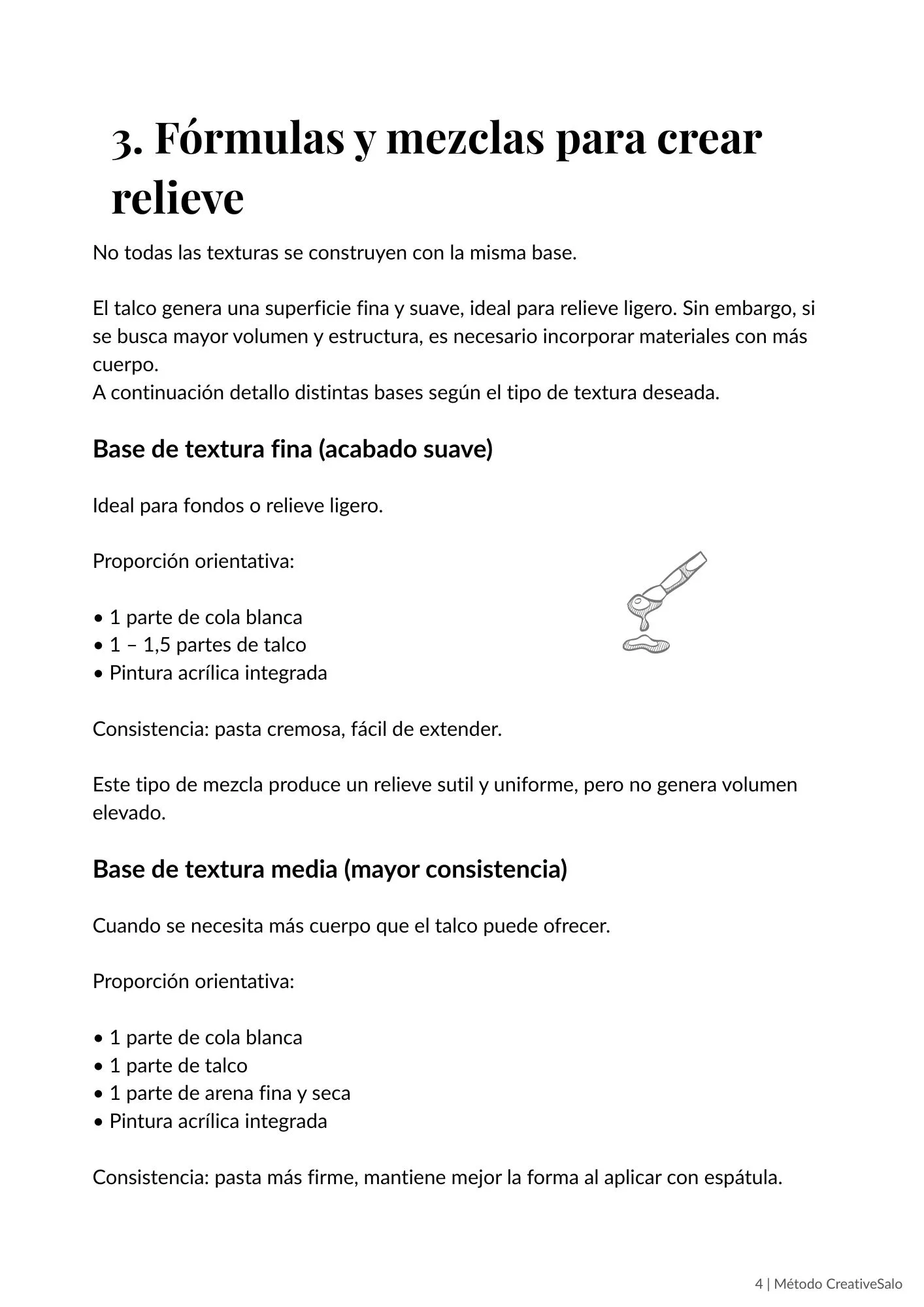 Página interior del manual Método CreativeSalo mostrando fórmulas orientativas para crear relieve en acrílico