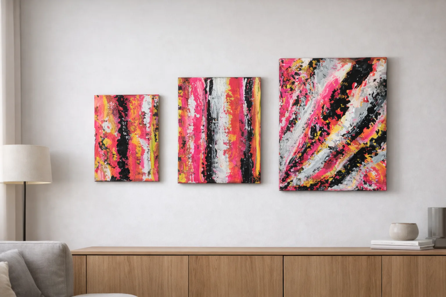 Tres estados del gesto instalado como tríptico en un espacio contemporáneo