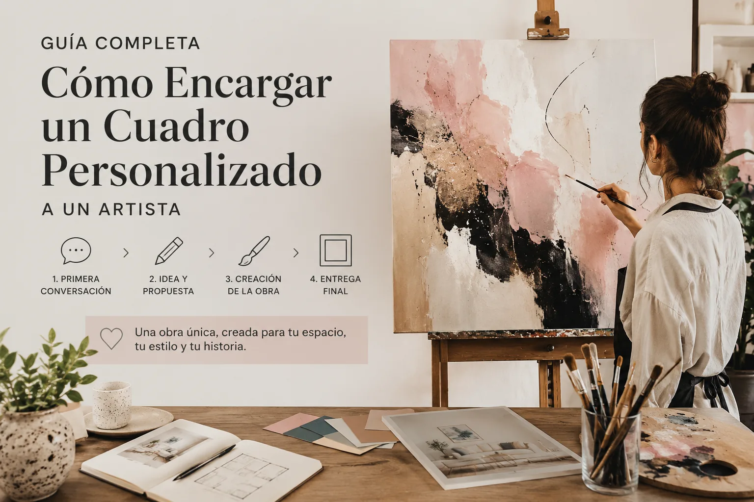 Artista creando un cuadro personalizado abstracto en estudio creativo moderno