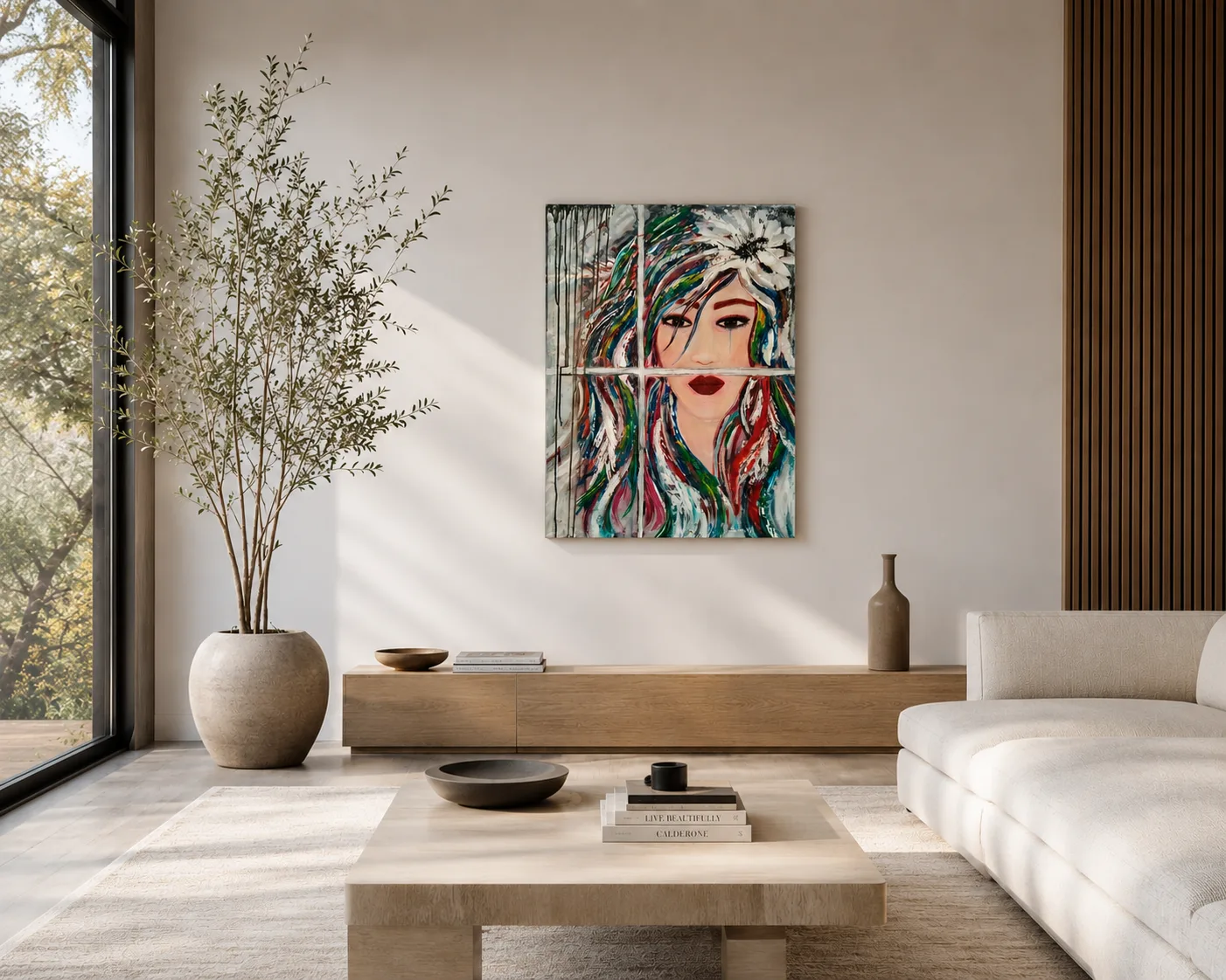 Obra figurativa/abstracta contemporánea de CreativeSalo integrada en un salón moderno minimalista