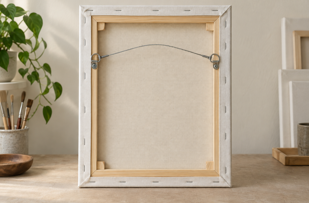 Parte posterior de un lienzo con bastidor de madera, anillas y cable de sujeción