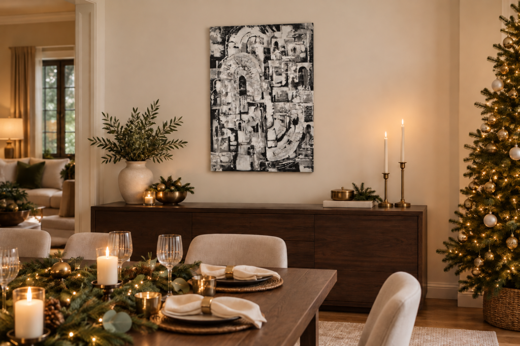 Obra Arcos sobre un aparador de madera oscura en un comedor con mesa navideña y árbol iluminado.