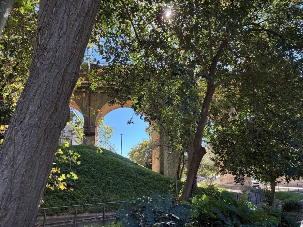 Paseo por el Parc de Vallparadís en Terrassa, con árboles y un viaducto de piedra al fondo