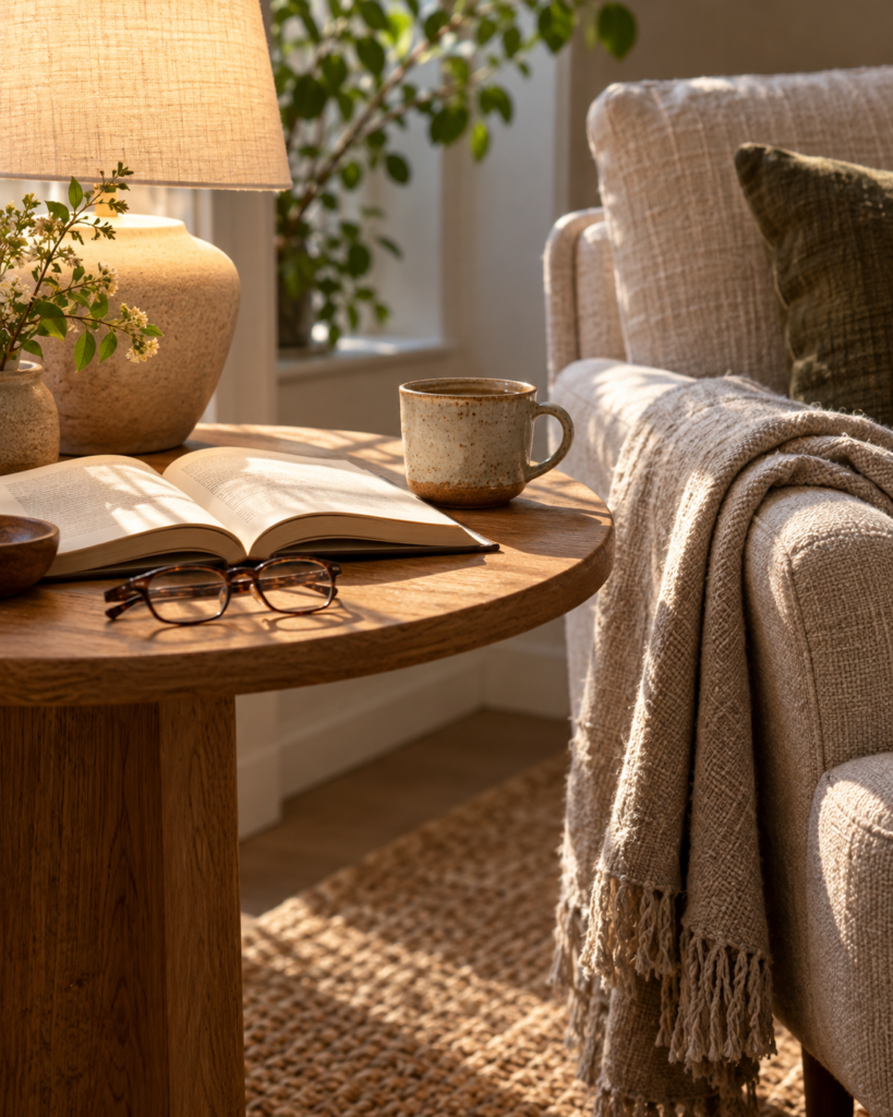 Libro abierto, taza y gafas sobre una mesa auxiliar junto a una butaca