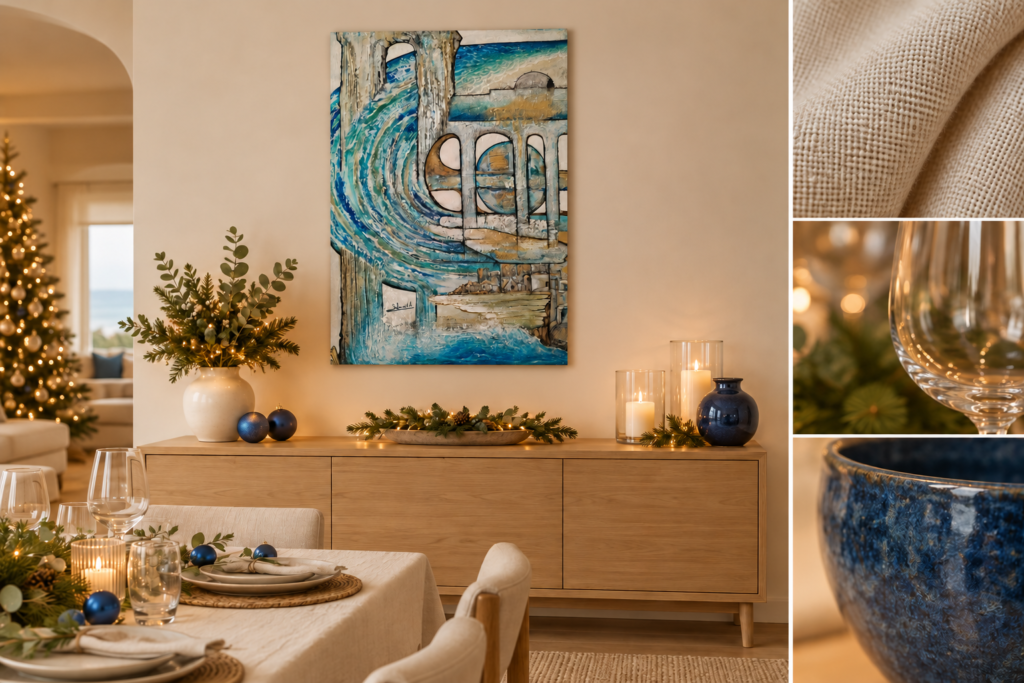 Arco sobre el mar en un comedor navideño con aparador de madera clara y muestras de tejido crudo, vidrio y cerámica azul.