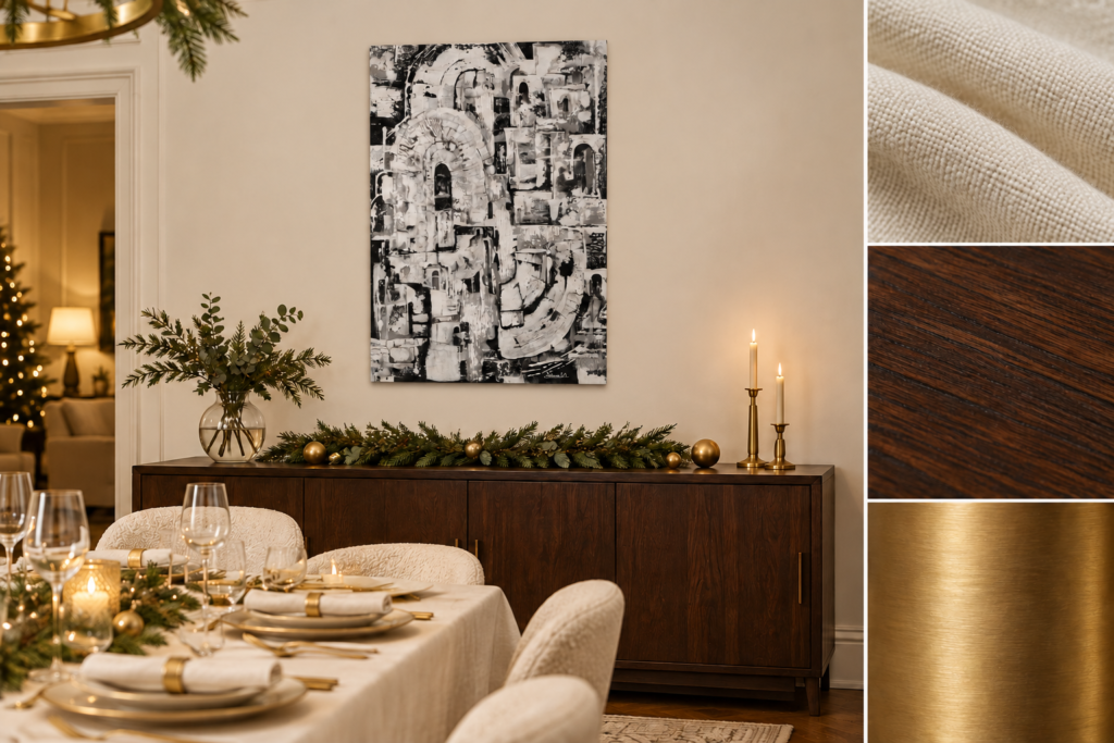 Pintura Arcos en un comedor navideño con aparador oscuro y muestras laterales de tejido marfil, madera y latón.