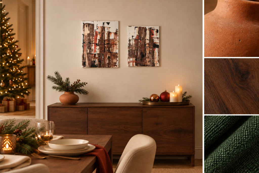 Dos piezas del díptico Otoño en la ciudad sobre un aparador navideño, con muestras de terracota, madera oscura y tejido verde.