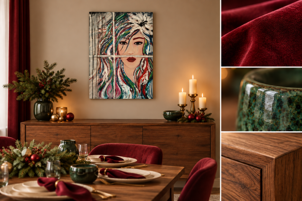 Obra Sentimientos sobre un aparador en un comedor navideño, con detalles burdeos y muestras de terciopelo, cerámica verde y madera.