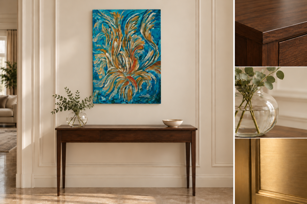 Pintura Flowers sobre una consola de madera oscura junto a un jarrón de vidrio y un cuenco de porcelana.