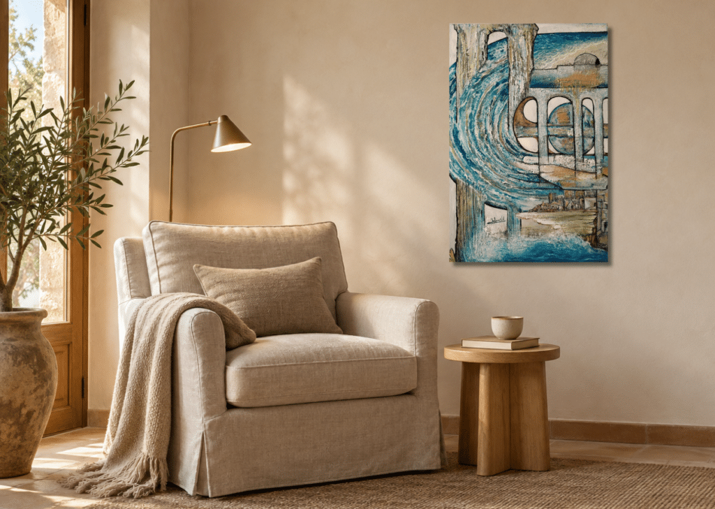 Rincón de lectura con la obra original Arco sobre el mar de Salomé Viejo Aguilar