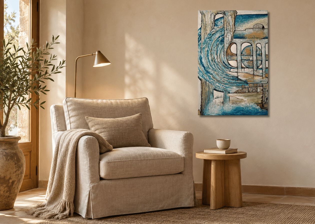 Rincón de lectura con la obra original Arco sobre el mar de Salomé Viejo Aguilar